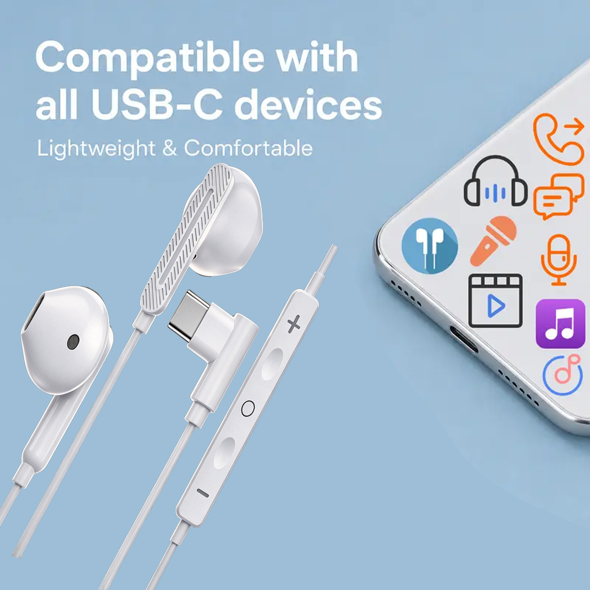 Type C Wired Earphones With Mic - 1 par de fones de ouvido